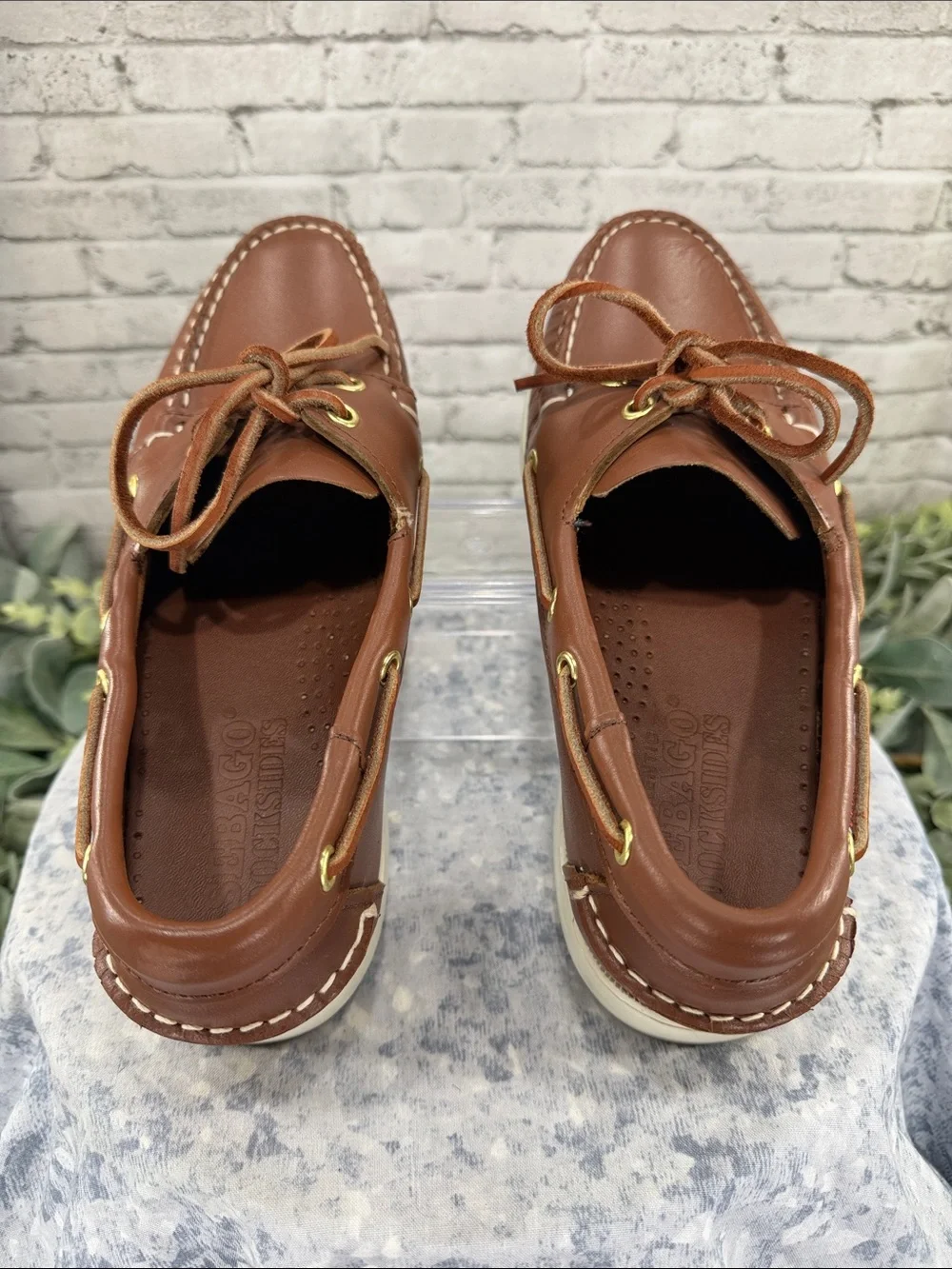SEBAGO DOCKSIDES “Portland” Cognac Waxed Leather Classic Boat Shoe Mens 7.5W EUC